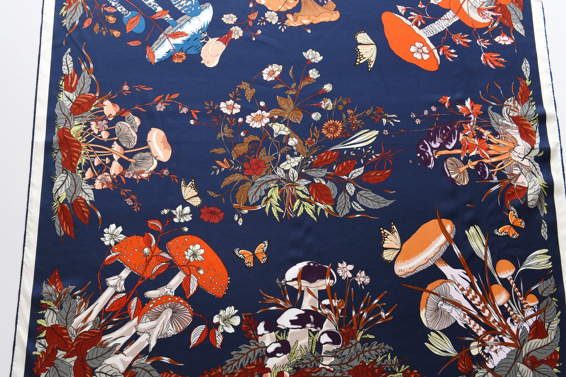 Garden Fungi - Double Sided Silk Scarf in Navy and Green