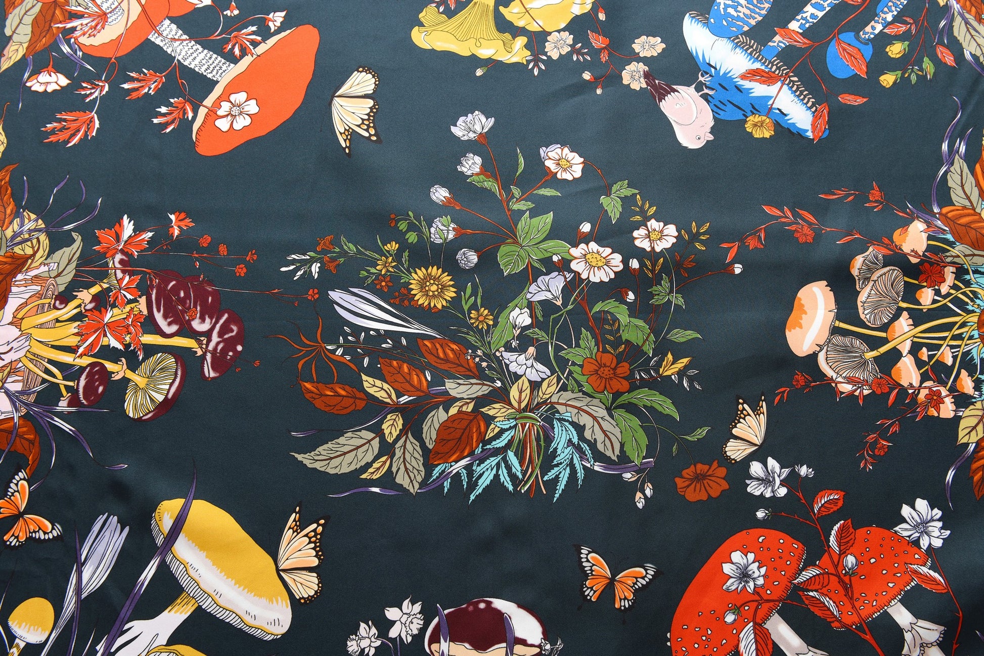 Garden Fungi - Double Sided Silk Scarf in Navy and Green