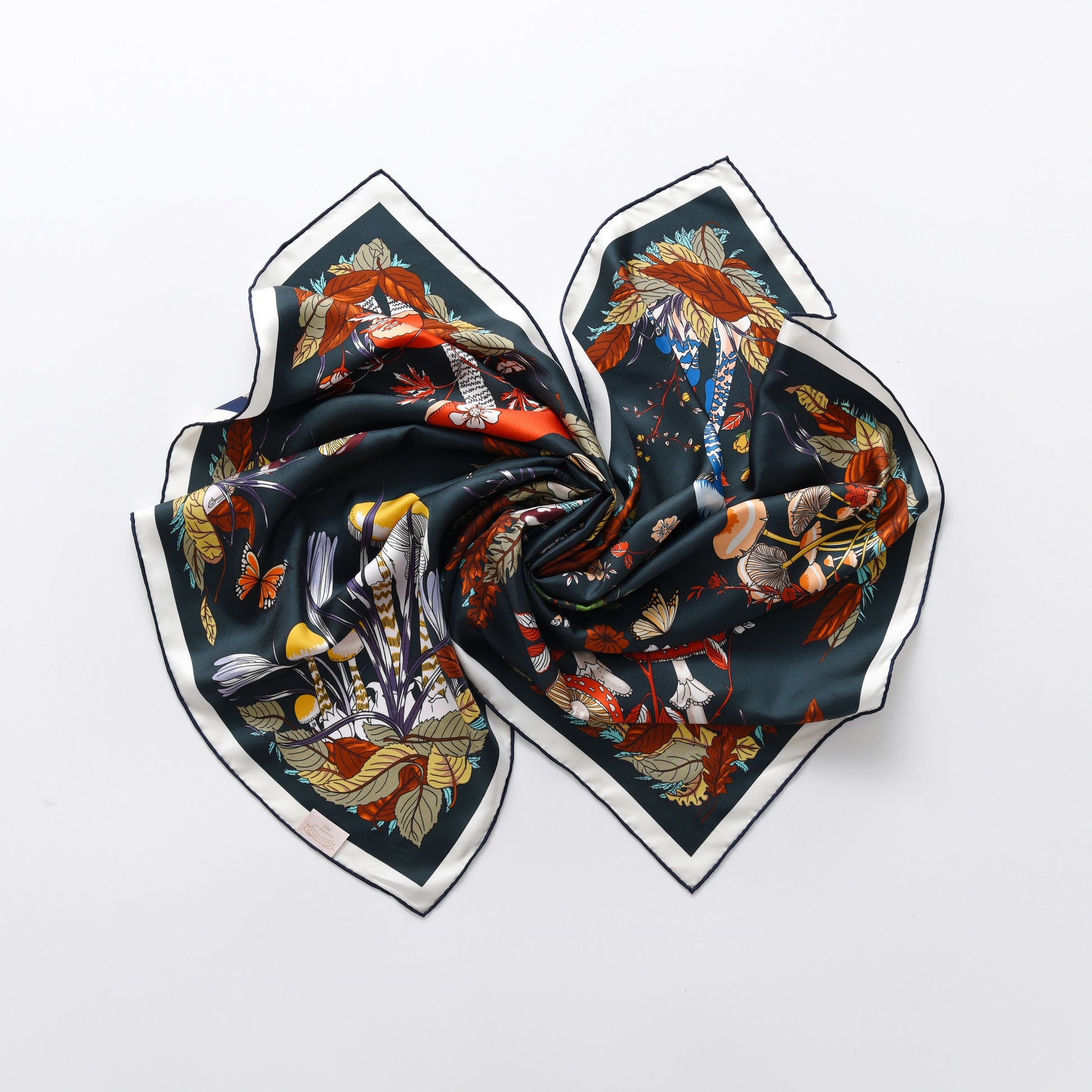 Garden Fungi - Double Sided Silk Scarf in Navy and Green