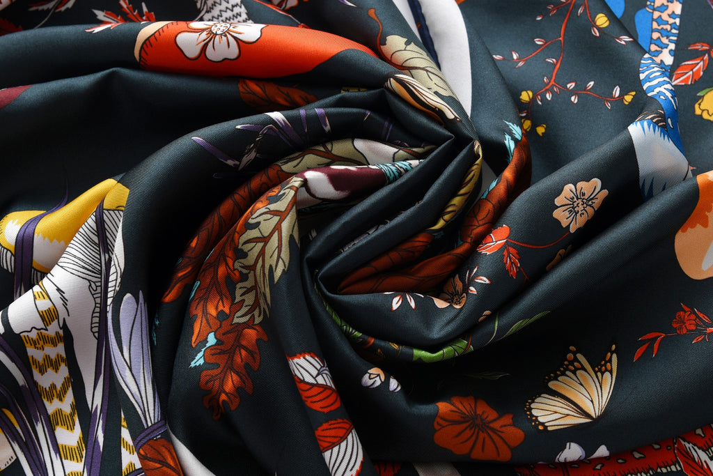 Garden Fungi - Double Sided Silk Scarf in Navy and Green