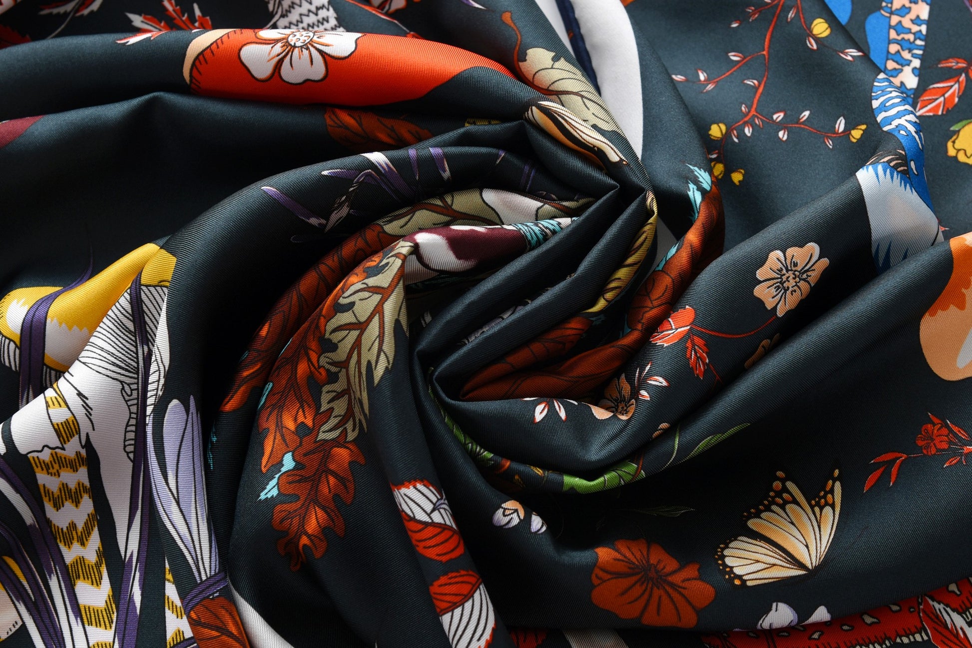 Garden Fungi - Double Sided Silk Scarf in Navy and Green