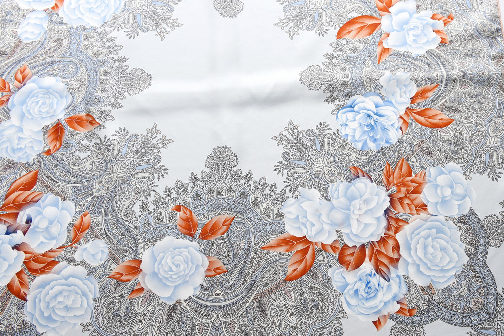 Paisley and Blue Roses - Double Sided Silk Scarf in Grey & Blue