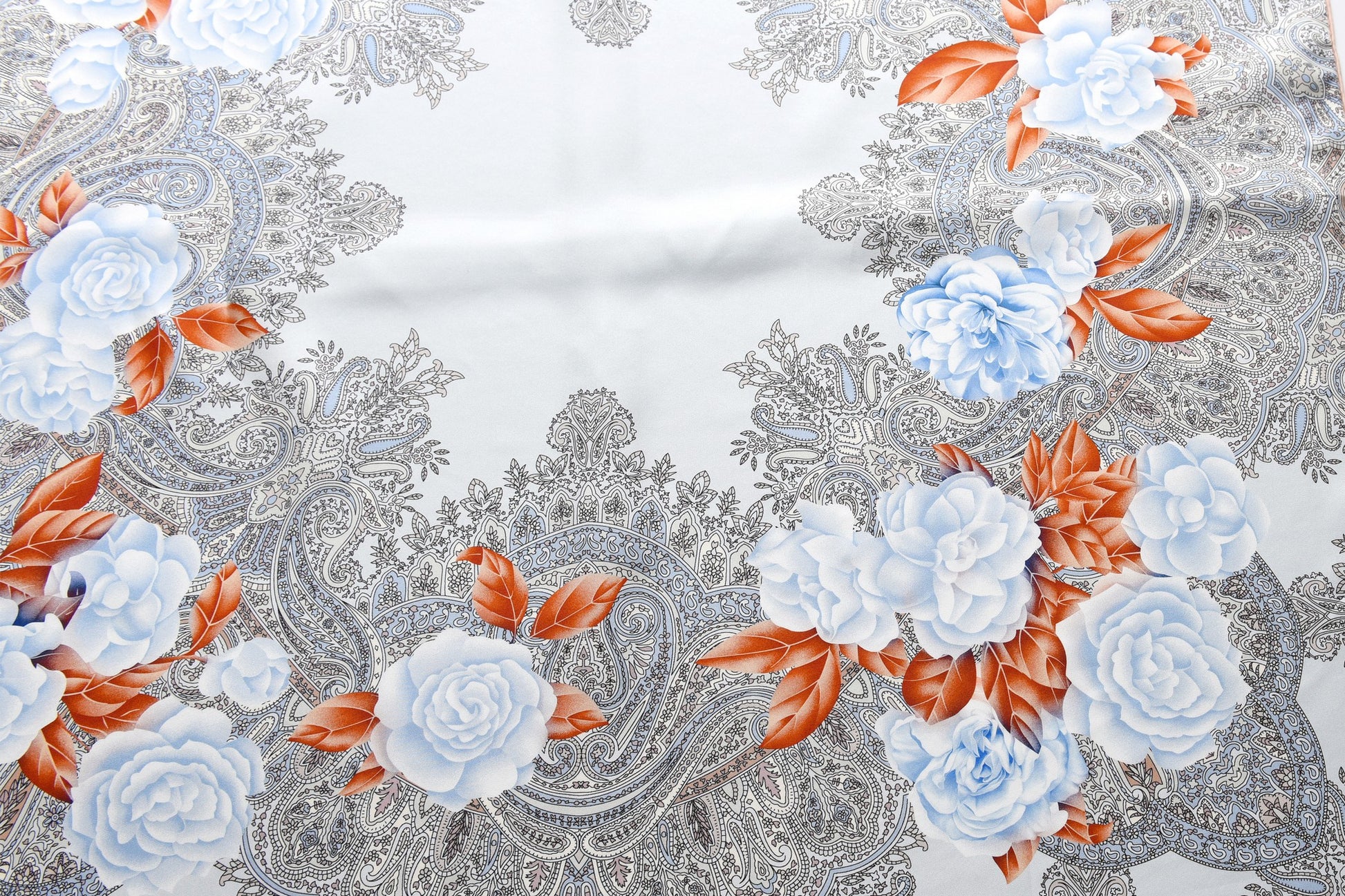 Paisley and Blue Roses - Double Sided Silk Scarf in Grey & Blue