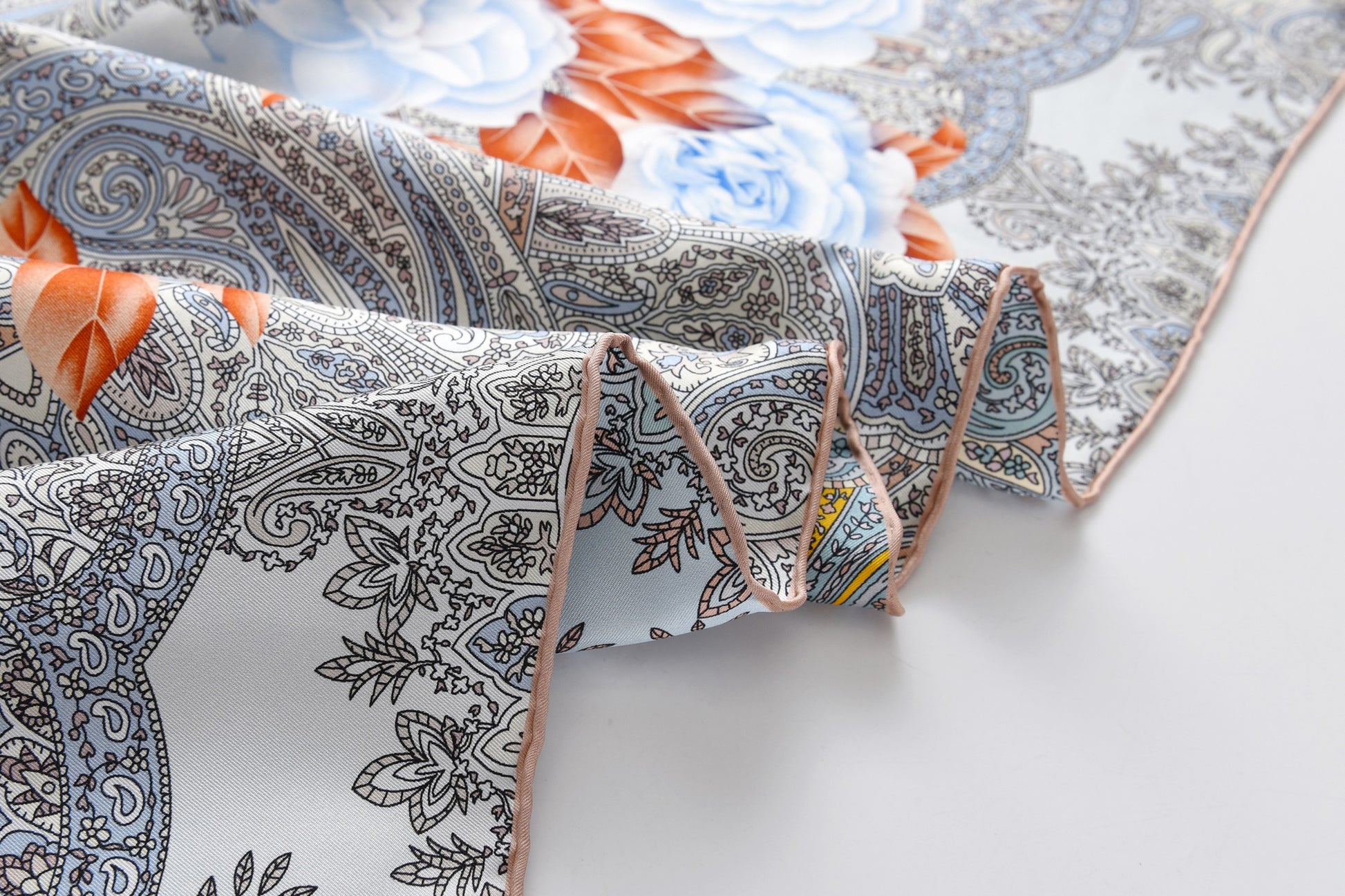 Paisley and Blue Roses - Double Sided Silk Scarf in Grey & Blue