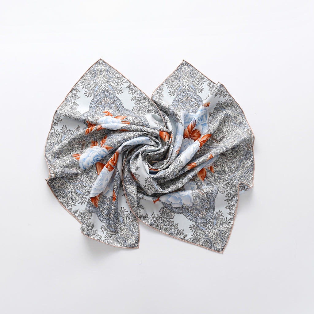 Paisley and Blue Roses - Double Sided Silk Scarf in Grey & Blue