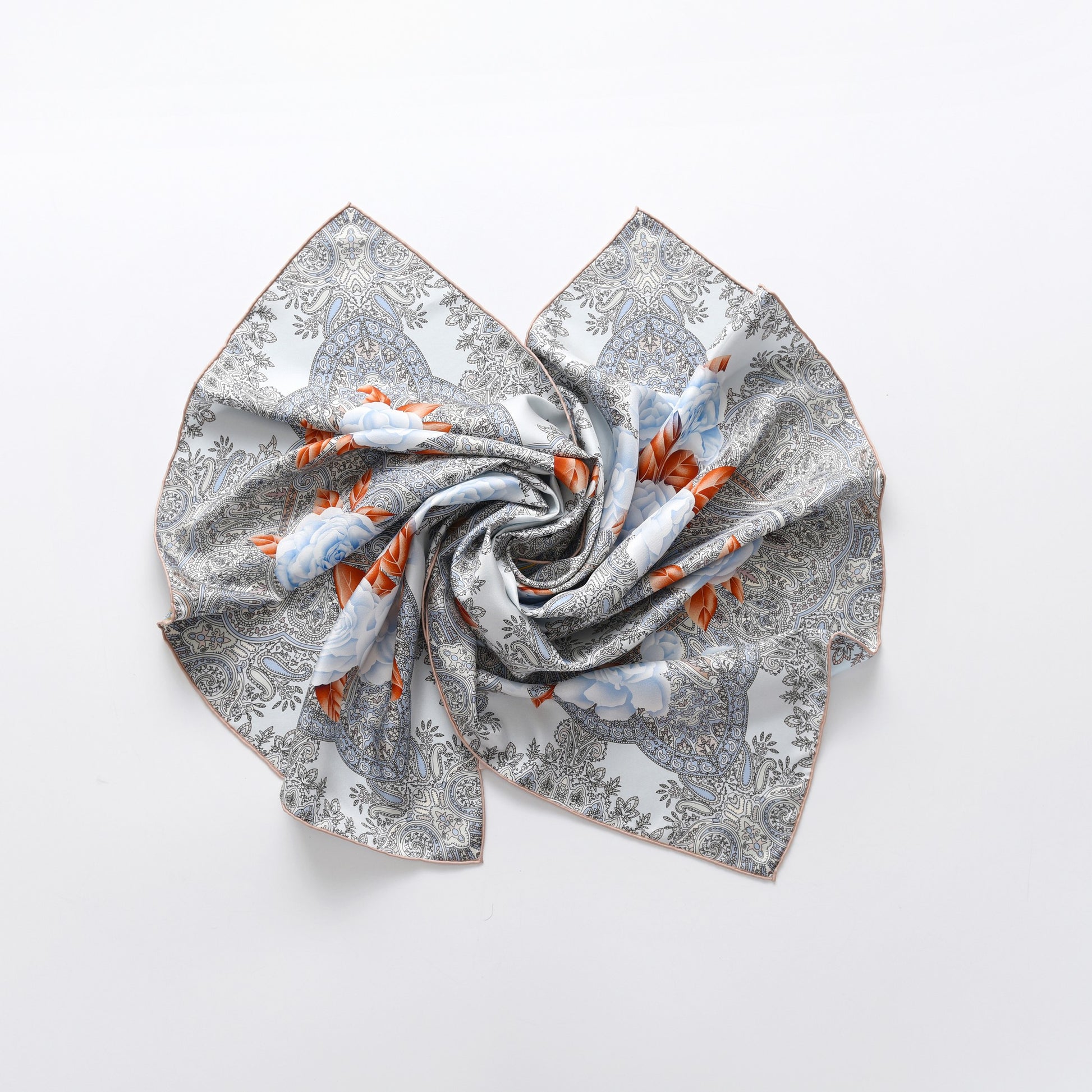 Paisley and Blue Roses - Double Sided Silk Scarf in Grey & Blue