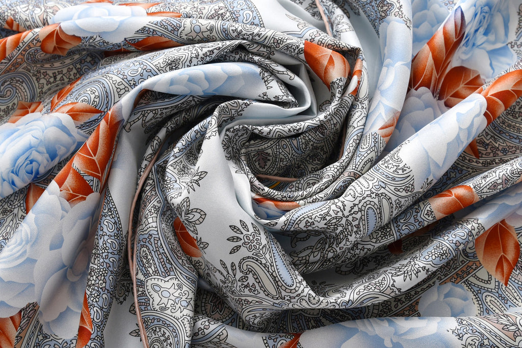 Paisley and Blue Roses - Double Sided Silk Scarf in Grey & Blue