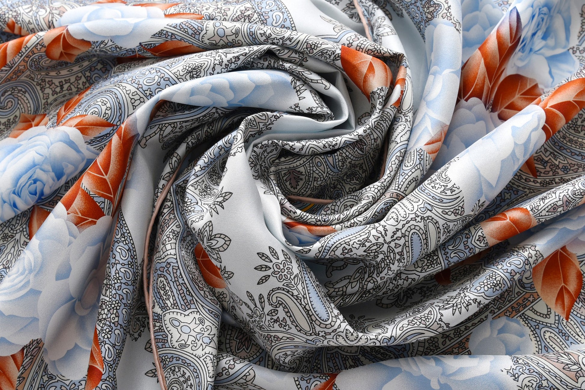 Paisley and Blue Roses - Double Sided Silk Scarf in Grey & Blue