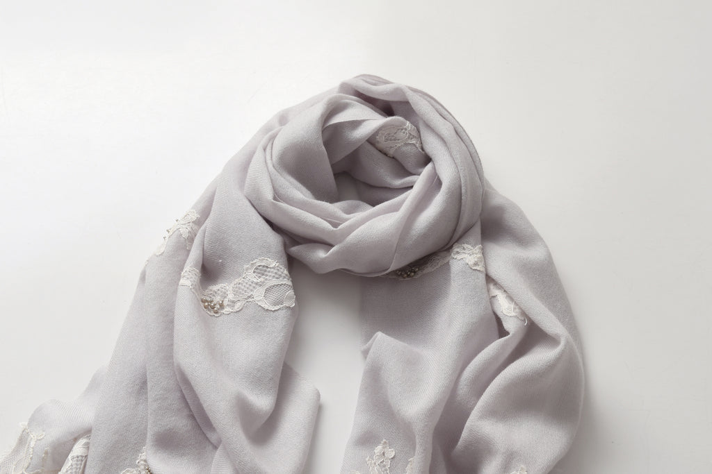 Hand Sewn Lace on Cashmere Silk Scarf in Light Grey - Made in India