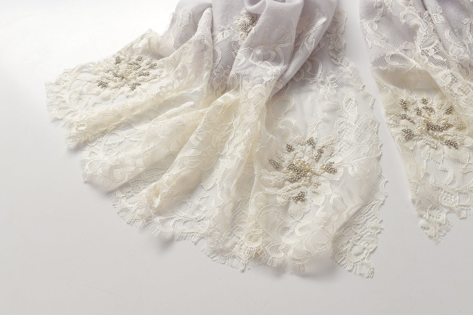 Hand Sewn Lace on Cashmere Silk Scarf in Light Grey - Made in India