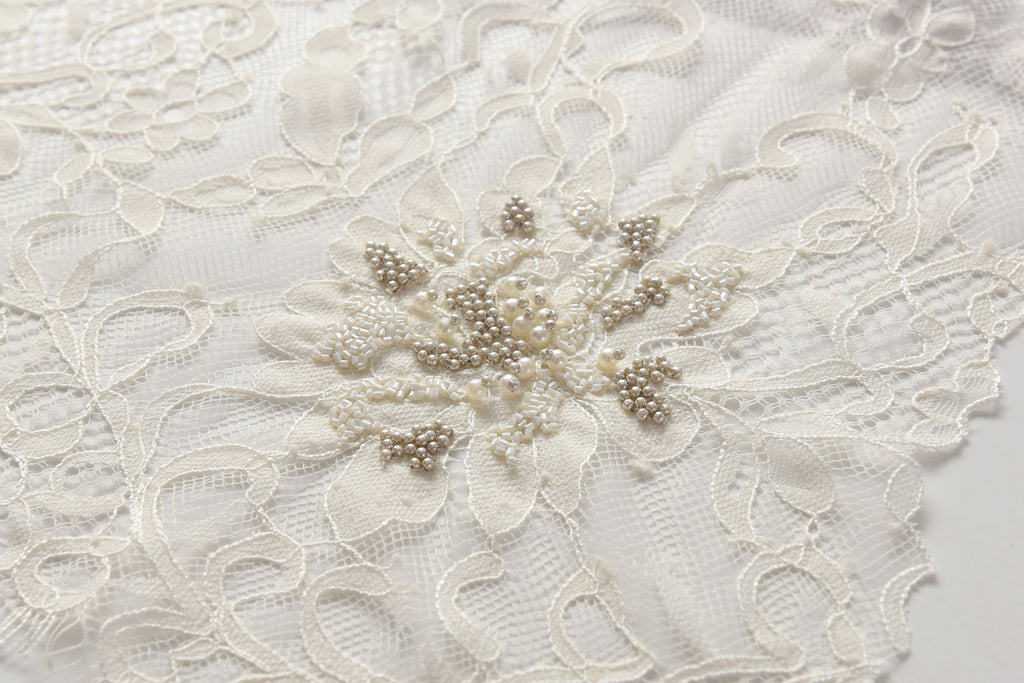 Hand Sewn Lace on Cashmere Silk Scarf in Light Grey - Made in India