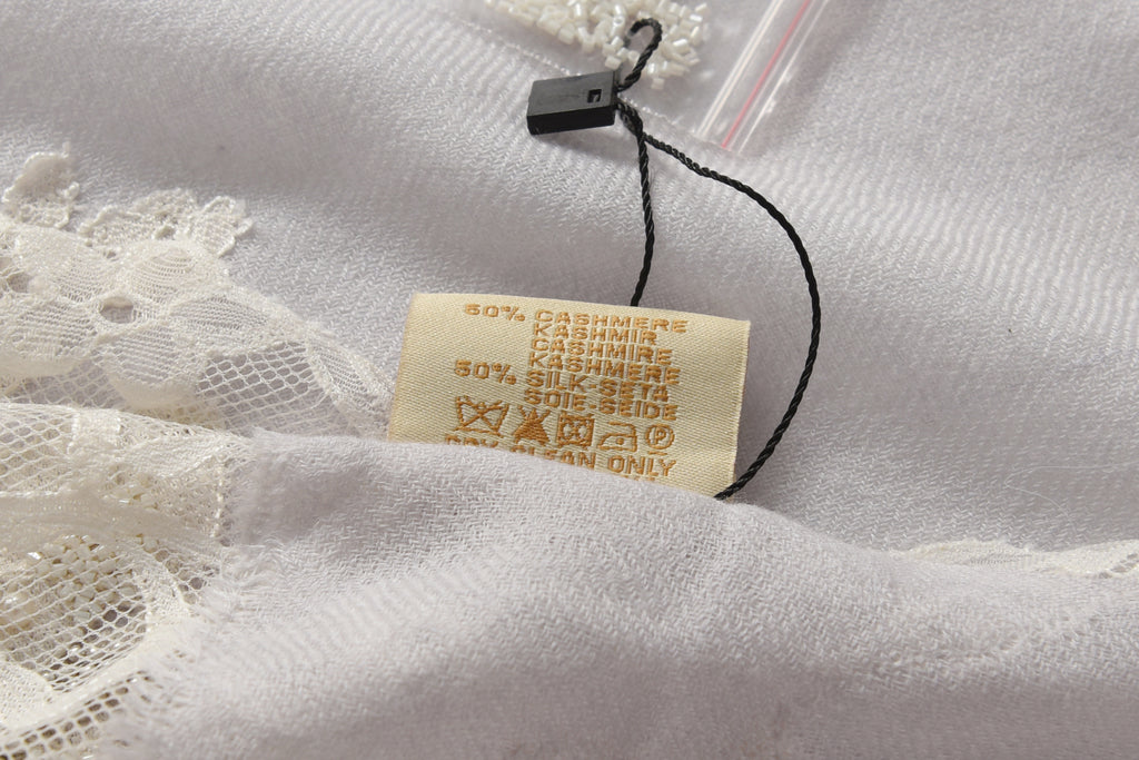 Hand Sewn Lace on Cashmere Silk Scarf in Light Grey - Made in India