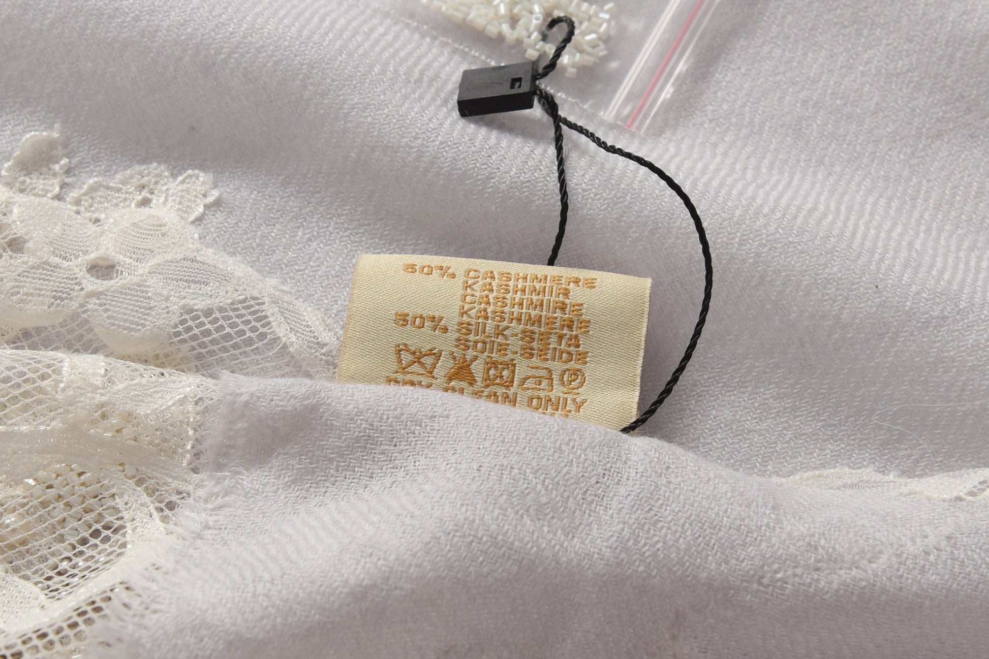 Hand Sewn Lace on Cashmere Silk Scarf in Light Grey - Made in India