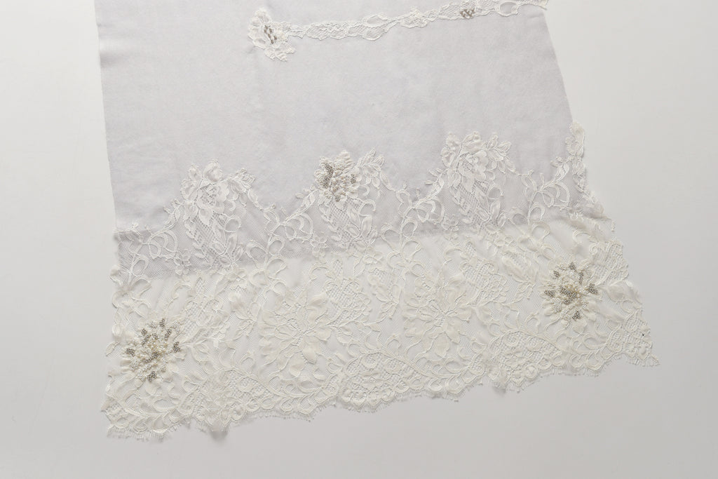 Hand Sewn Lace on Cashmere Silk Scarf in Light Grey - Made in India