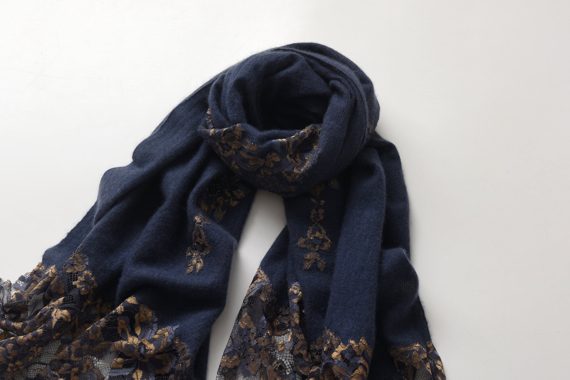 Hand Sewn Lace on Cashmere Scarf in Navy & Gold - Made in India