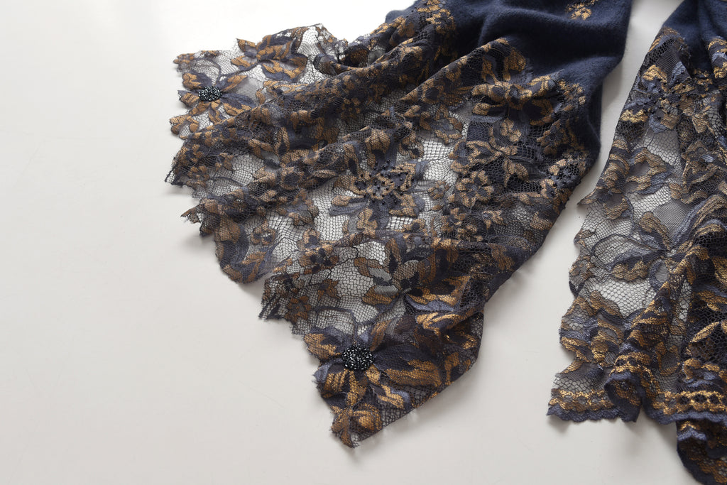 Hand Sewn Lace on Cashmere Scarf in Navy & Gold - Made in India