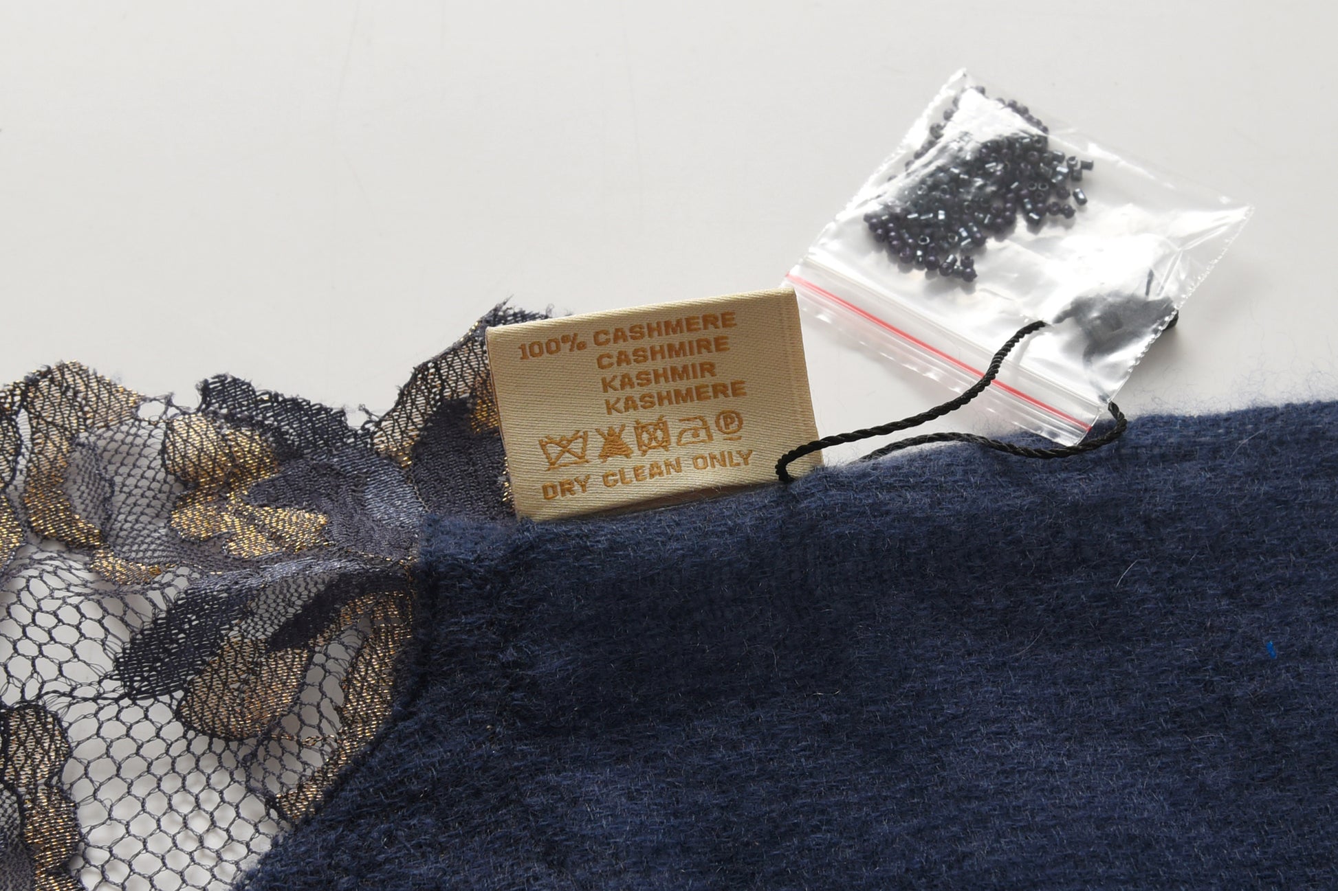 Hand Sewn Lace on Cashmere Scarf in Navy & Gold - Made in India