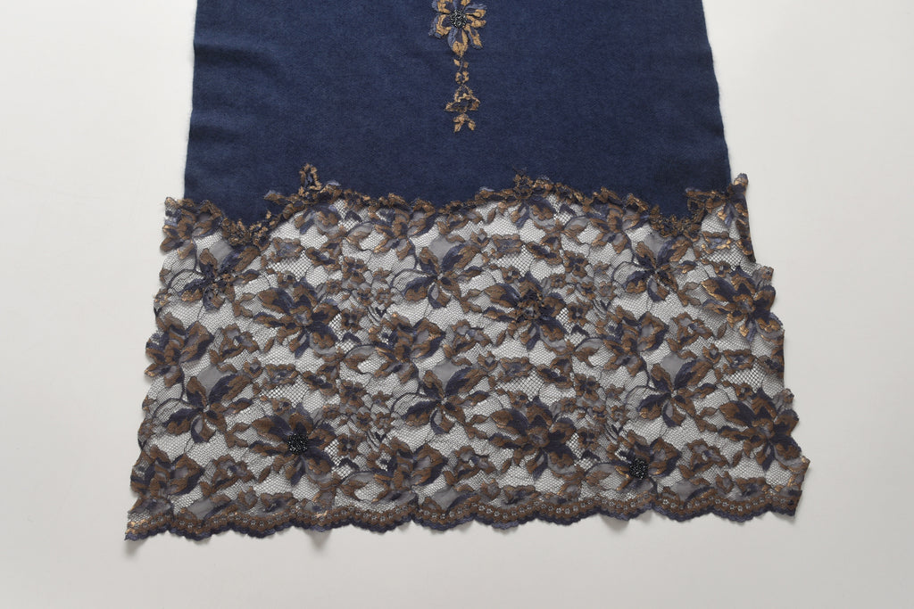Hand Sewn Lace on Cashmere Scarf in Navy & Gold - Made in India