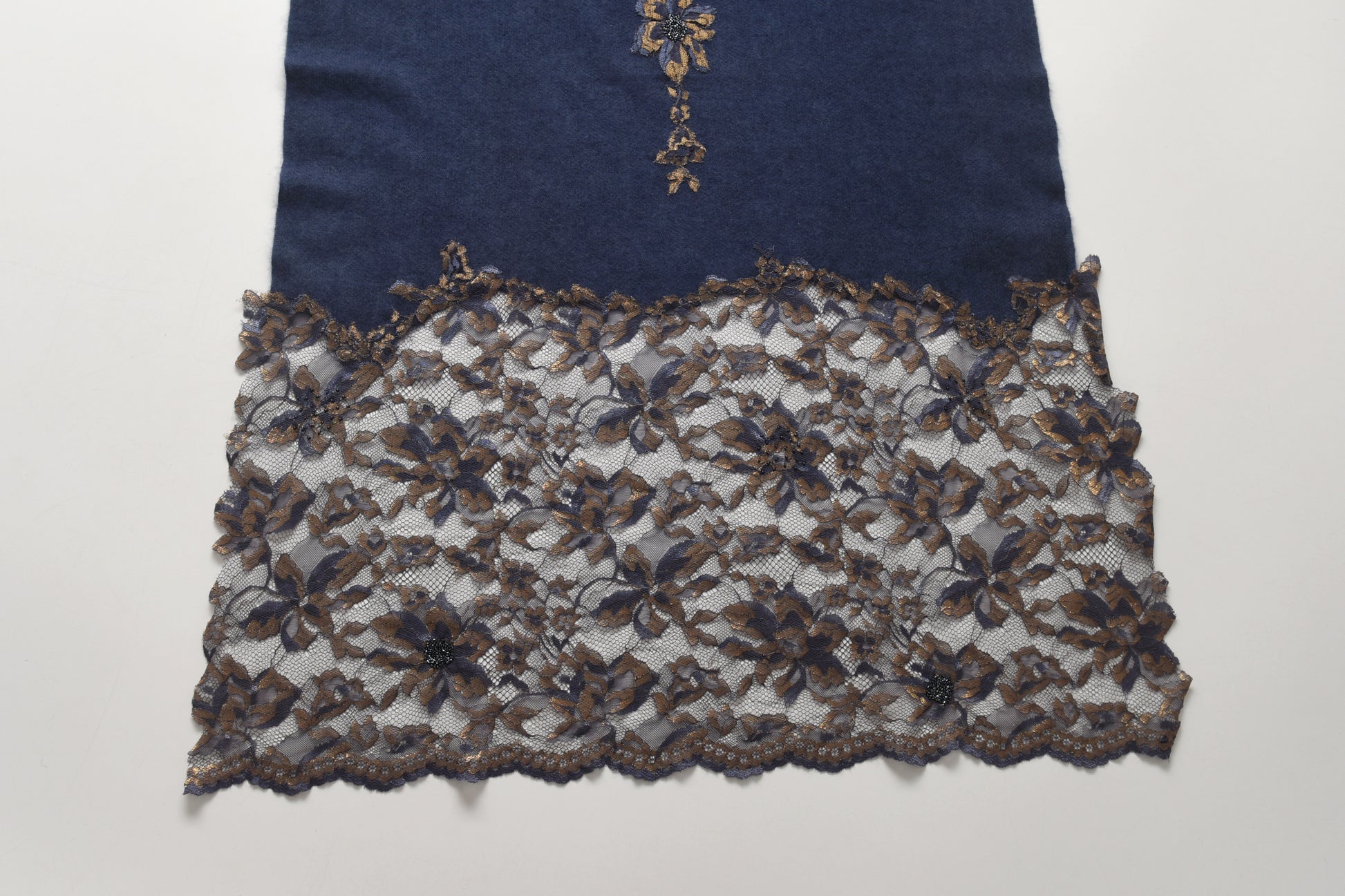 Hand Sewn Lace on Cashmere Scarf in Navy & Gold - Made in India