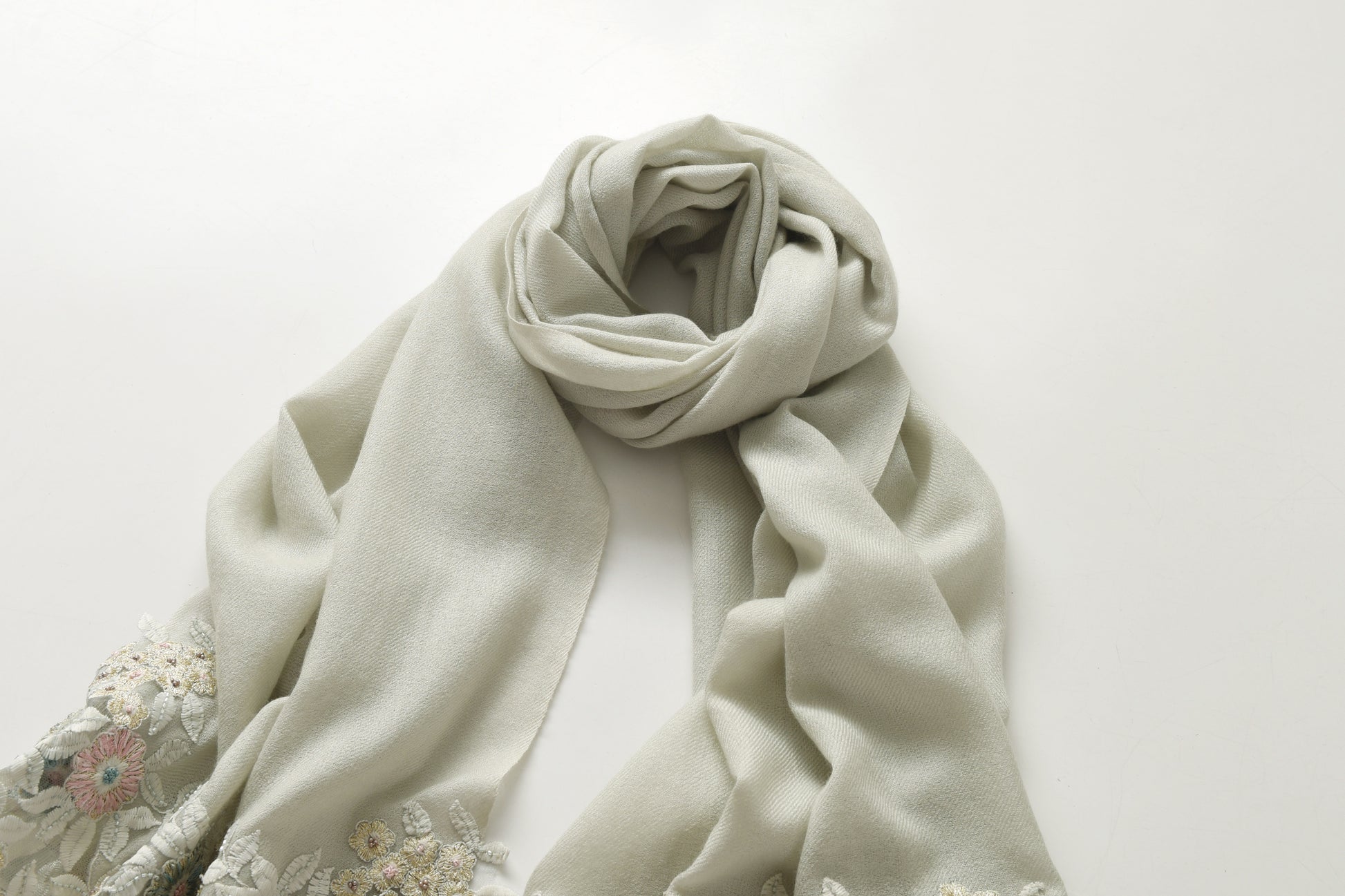 Hand Sewn Lace on Cashmere Silk Scarf in Grey - Made in India