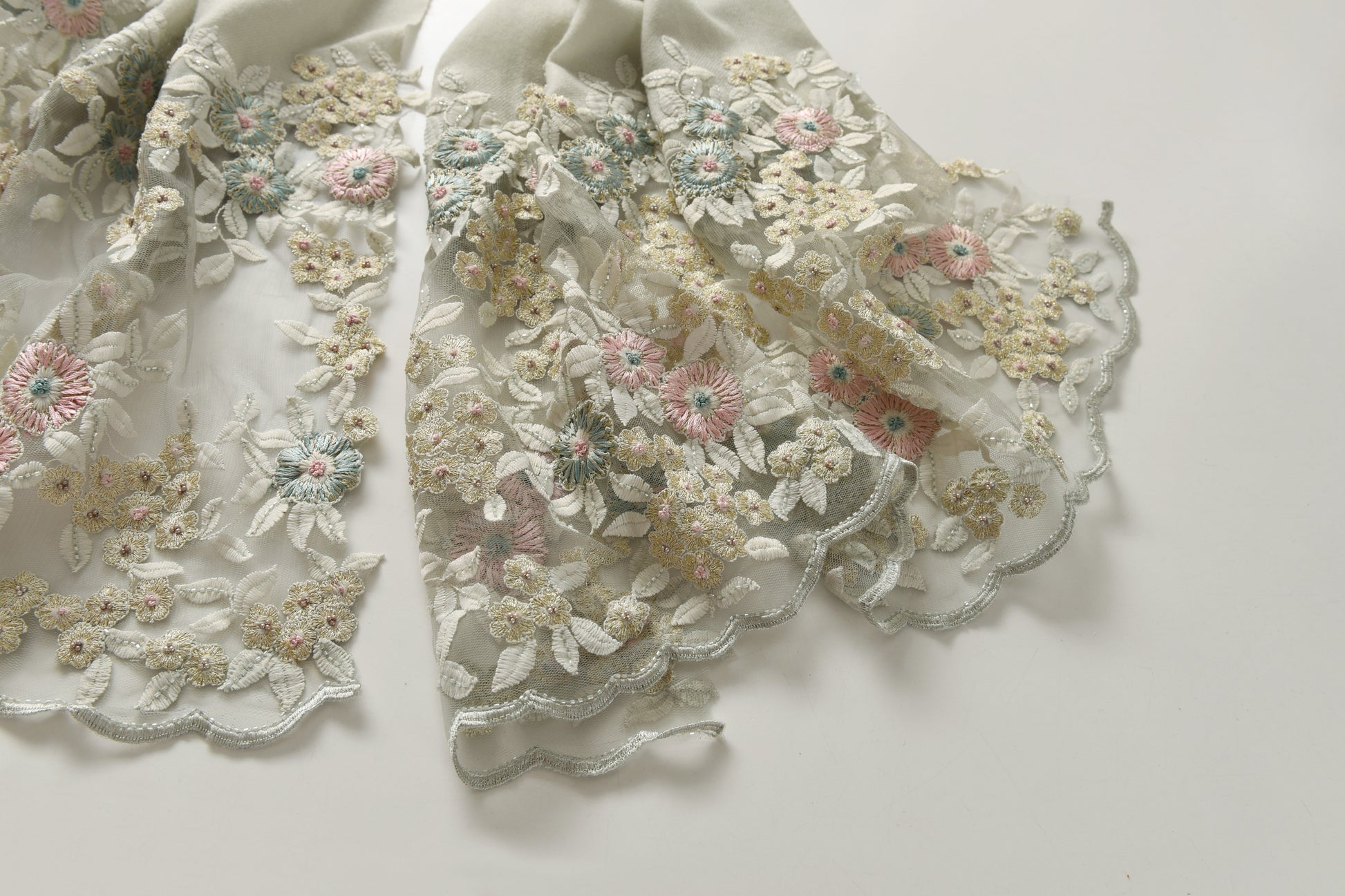 Hand Sewn Lace on Cashmere Silk Scarf in Grey - Made in India