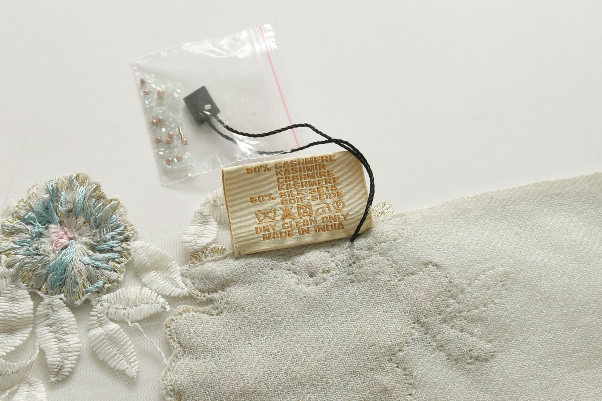 Hand Sewn Lace on Cashmere Silk Scarf in Grey - Made in India