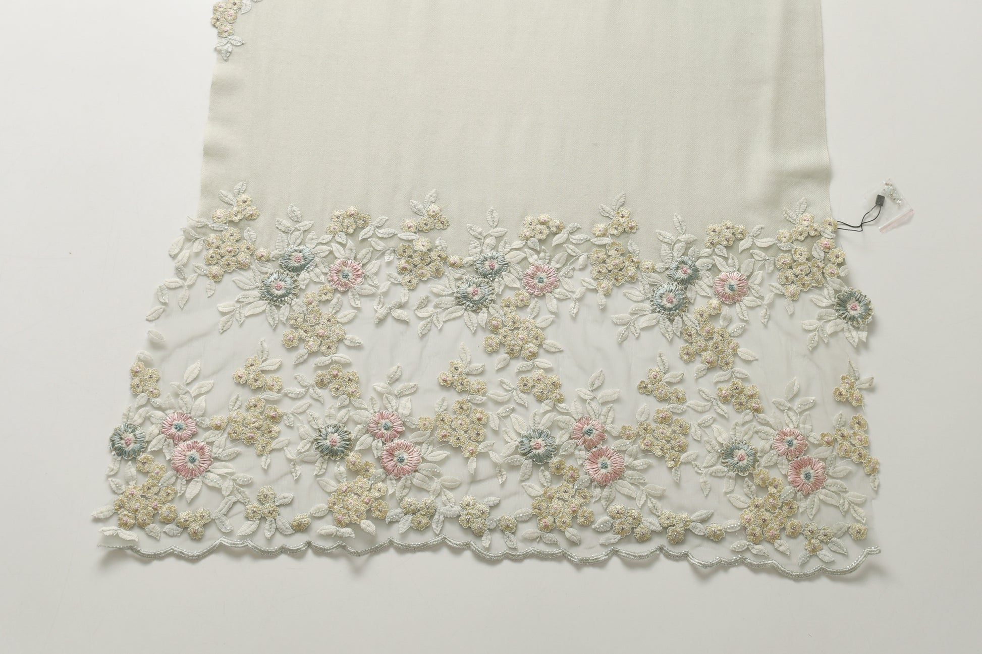 Hand Sewn Lace on Cashmere Silk Scarf in Grey - Made in India