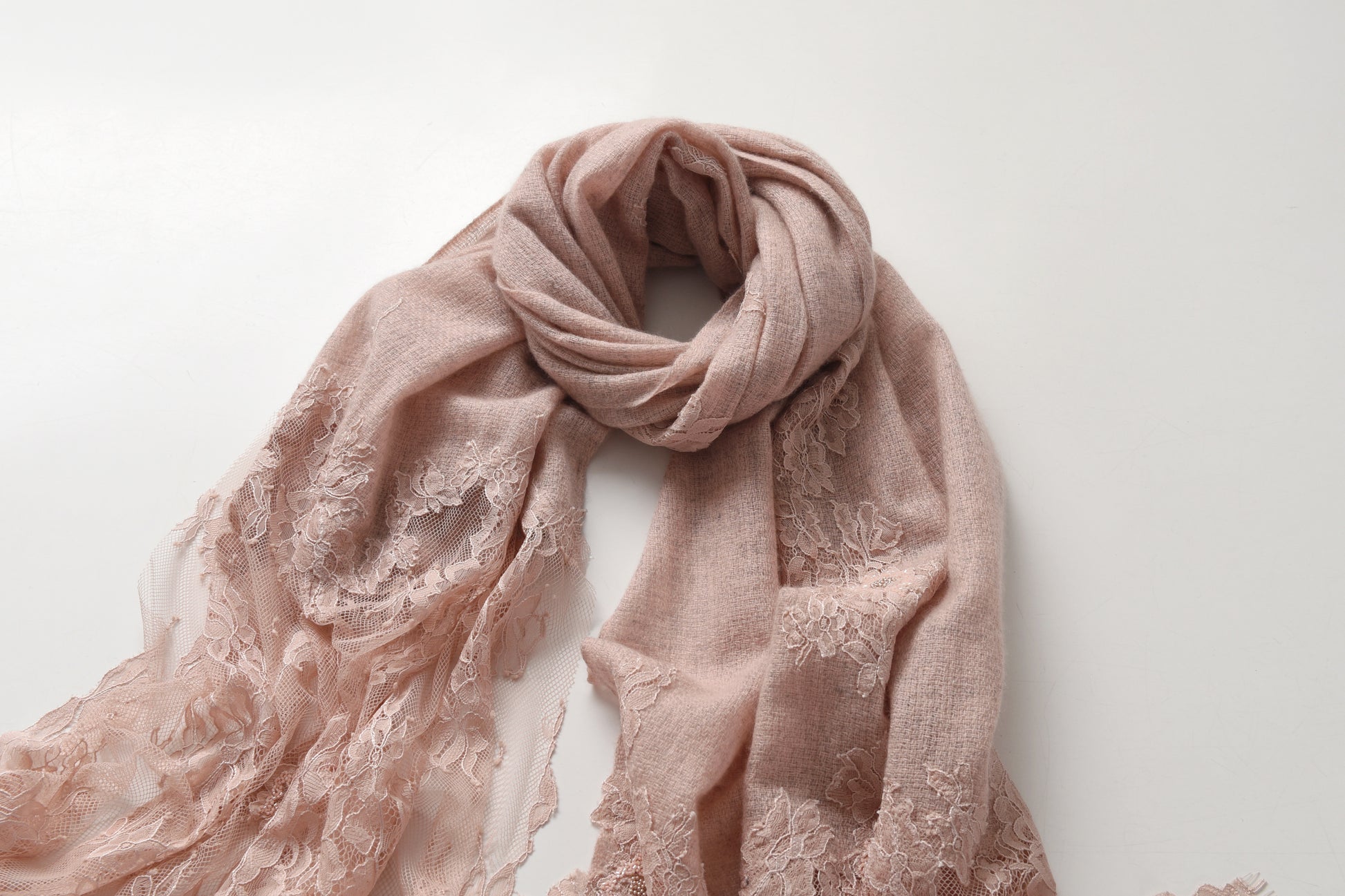 Hand Sewn Lace on Cashmere Scarf in Pink - Made in India