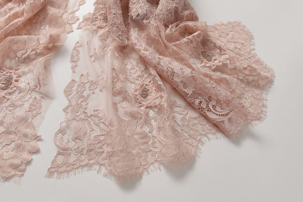 Hand Sewn Lace on Cashmere Scarf in Pink - Made in India