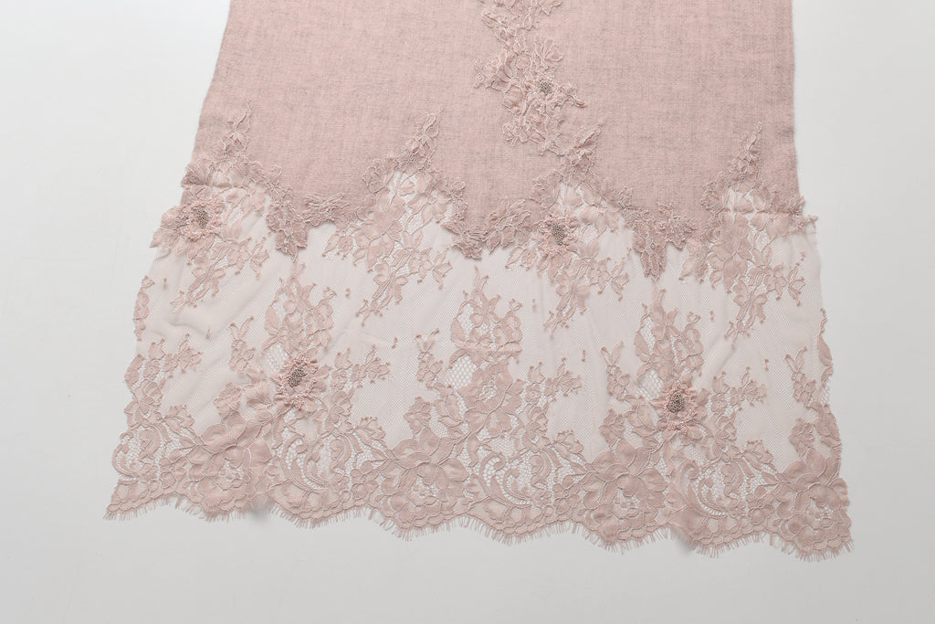 Hand Sewn Lace on Cashmere Scarf in Pink - Made in India