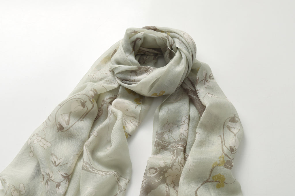 Plum Blossom in Spring Green Cashmere Scarf