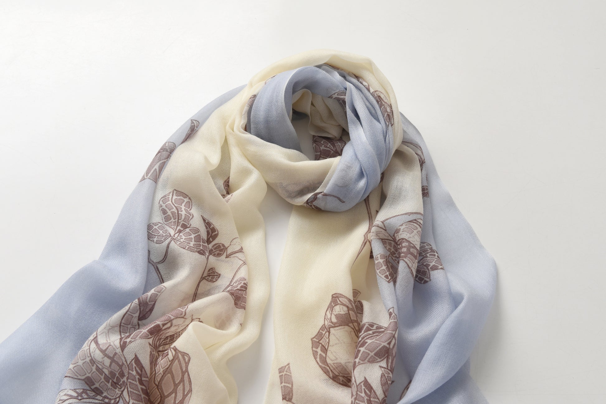 Two Tone Blue and Ivory Floral Cashmere Scarf