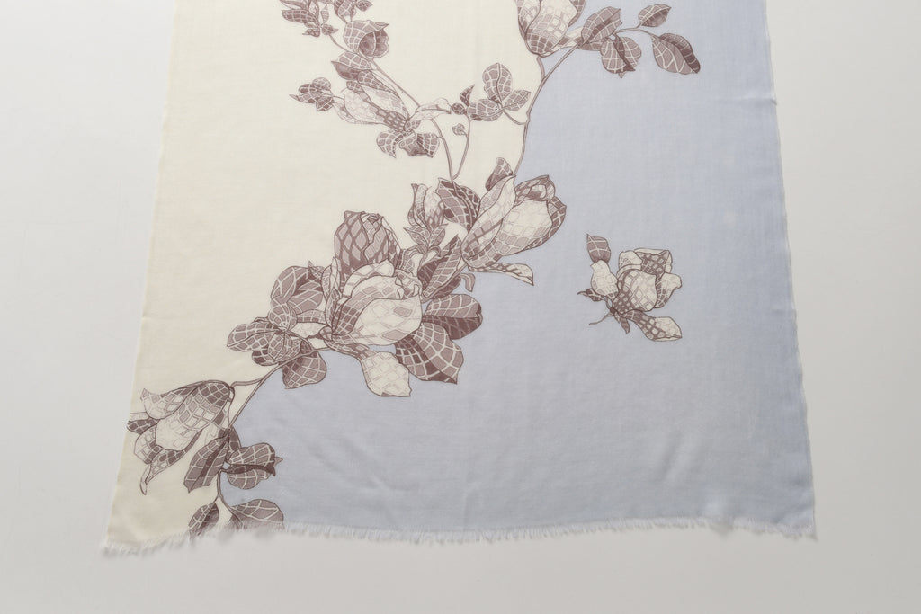 Two Tone Blue and Ivory Floral Cashmere Scarf
