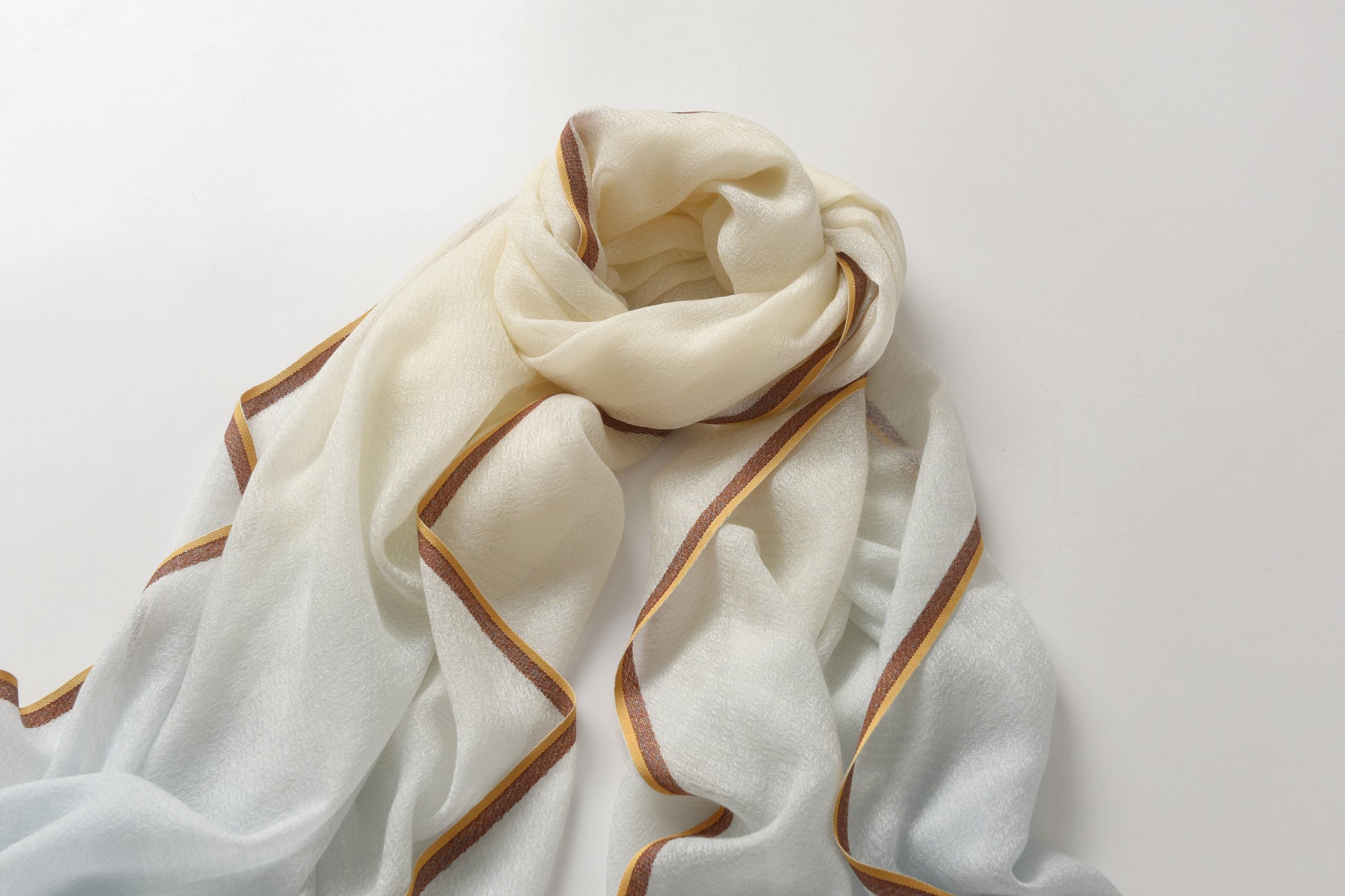 Ombre Ivory & Blue Cashmere Scarf with Brown Lining