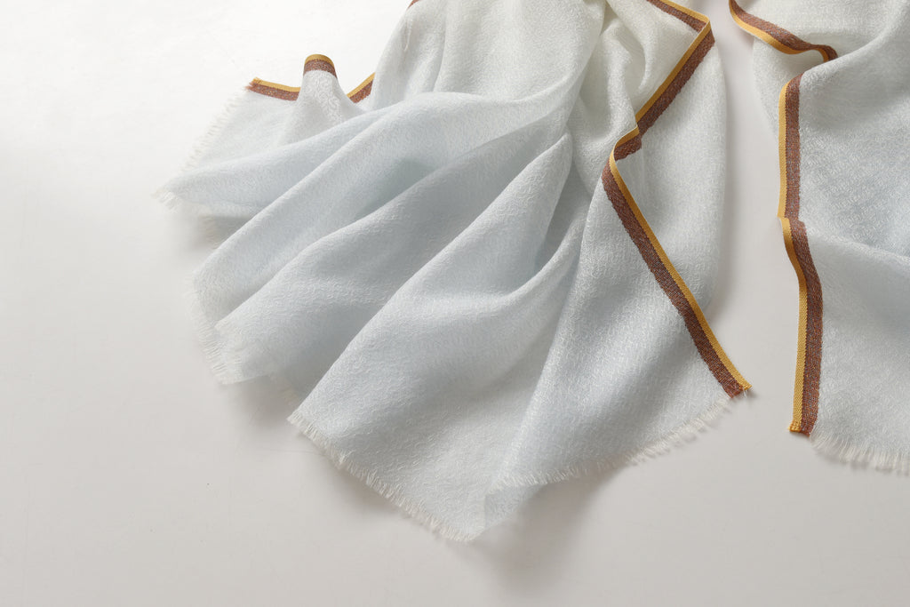Ombre Ivory & Blue Cashmere Scarf with Brown Lining