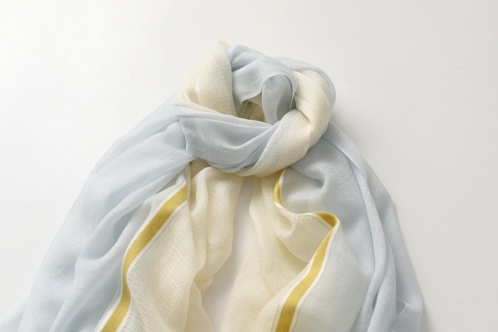Light Blue and Yellow Hues Cashmere Scarf with Golden Lining