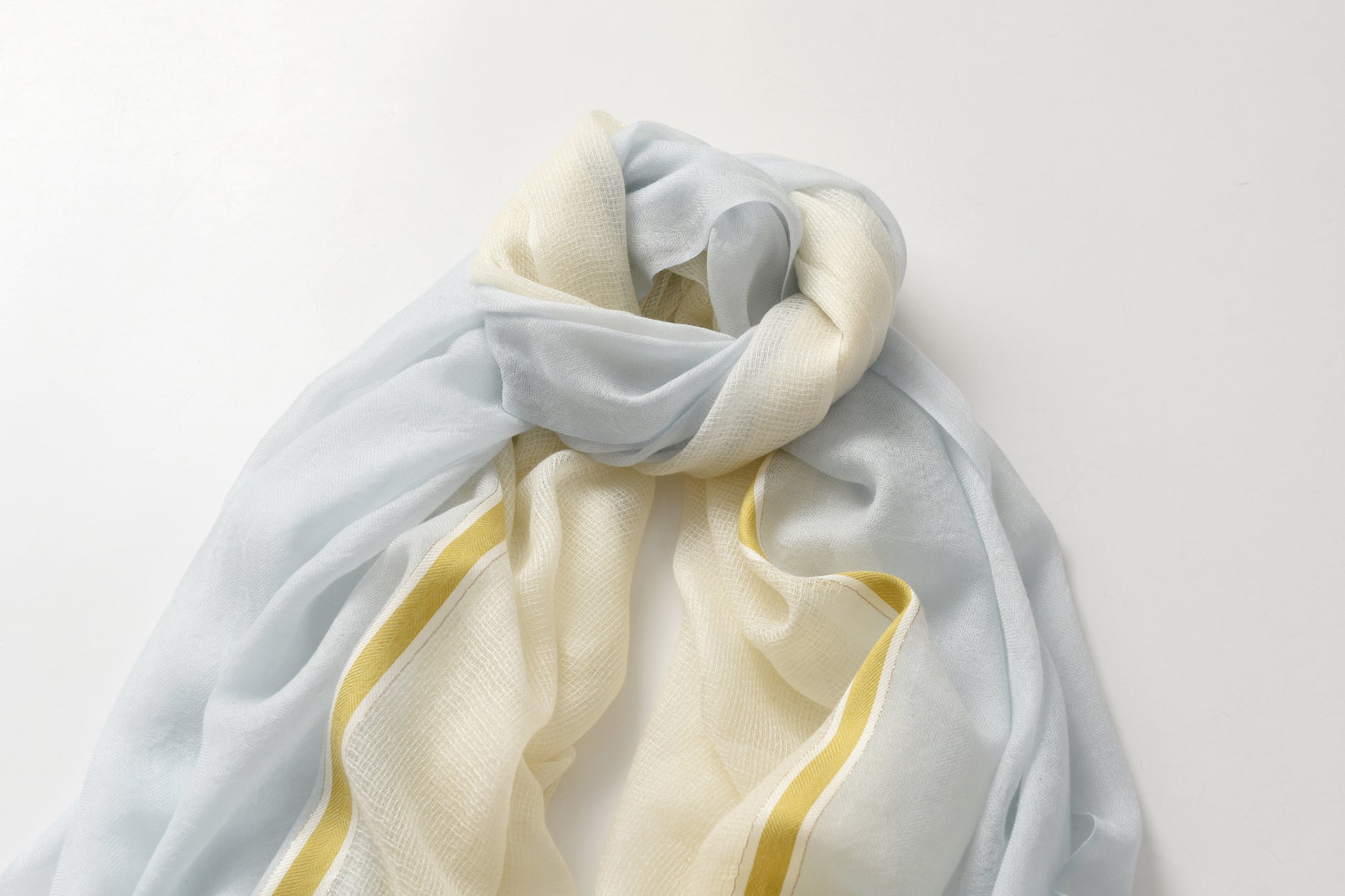 Light Blue and Yellow Hues Cashmere Scarf with Golden Lining