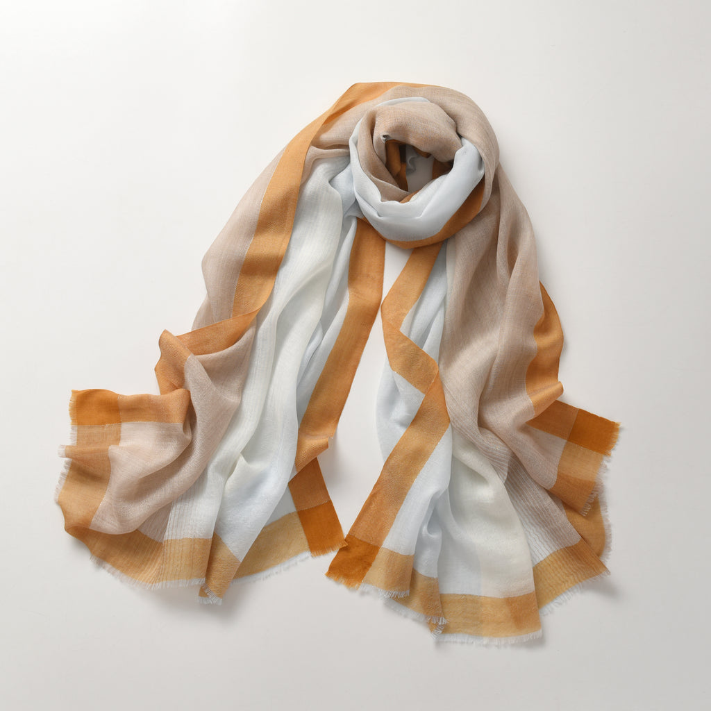 Blue & Neutral Gradient Cashmere Scarf with Brown Lining