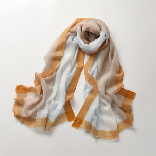 Blue & Neutral Gradient Cashmere Scarf with Brown Lining