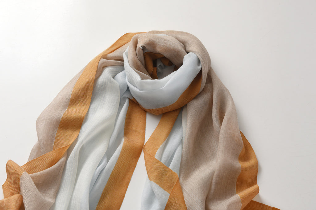 Blue & Neutral Gradient Cashmere Scarf with Brown Lining