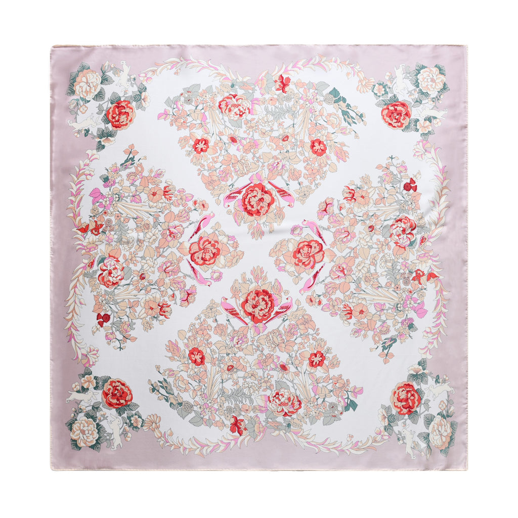 Rabbits in Rose Garden - Silk Scarf in Pink
