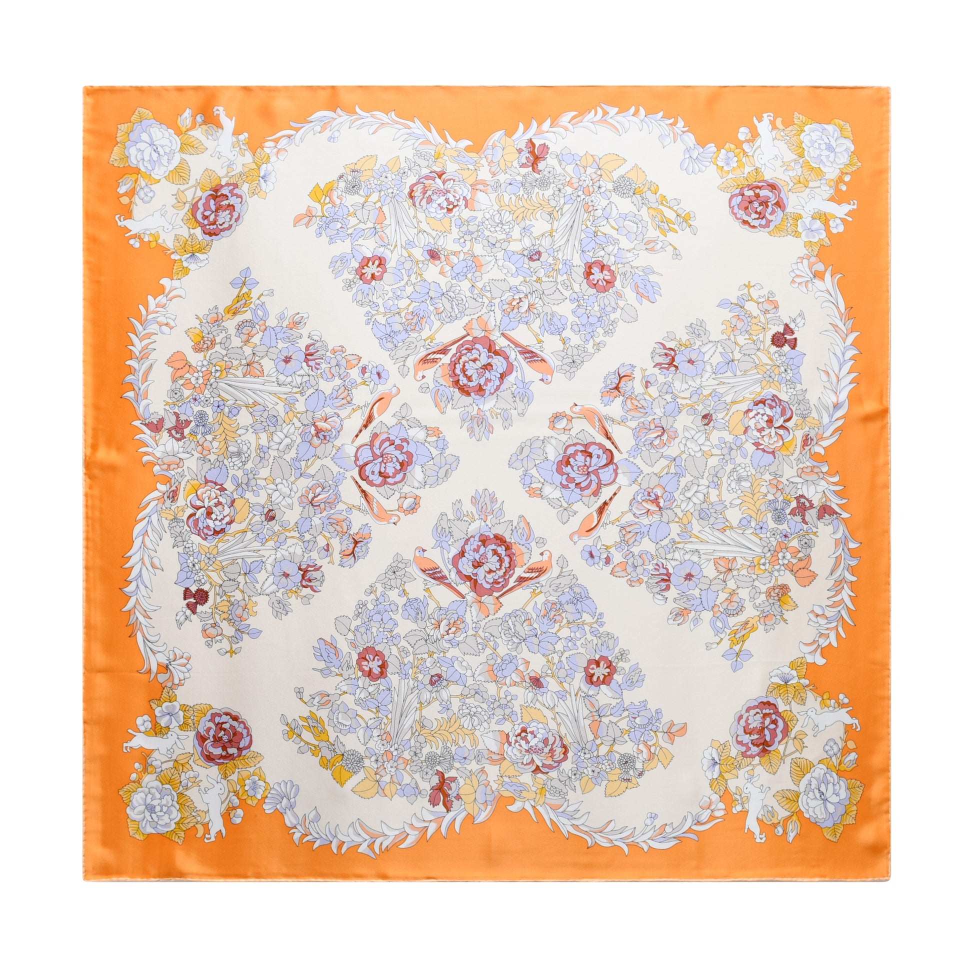 Rabbits in Rose Garden - Silk Scarf in Orange