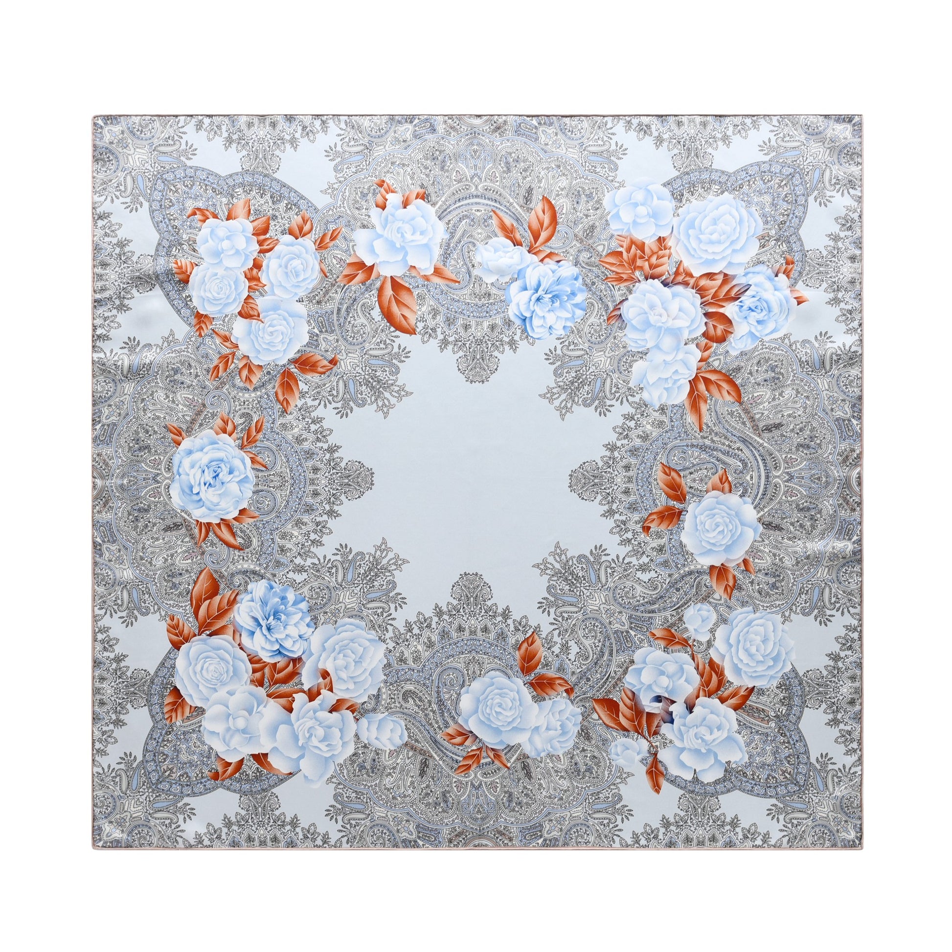 Paisley and Blue Roses - Double Sided Silk Scarf in Grey & Blue