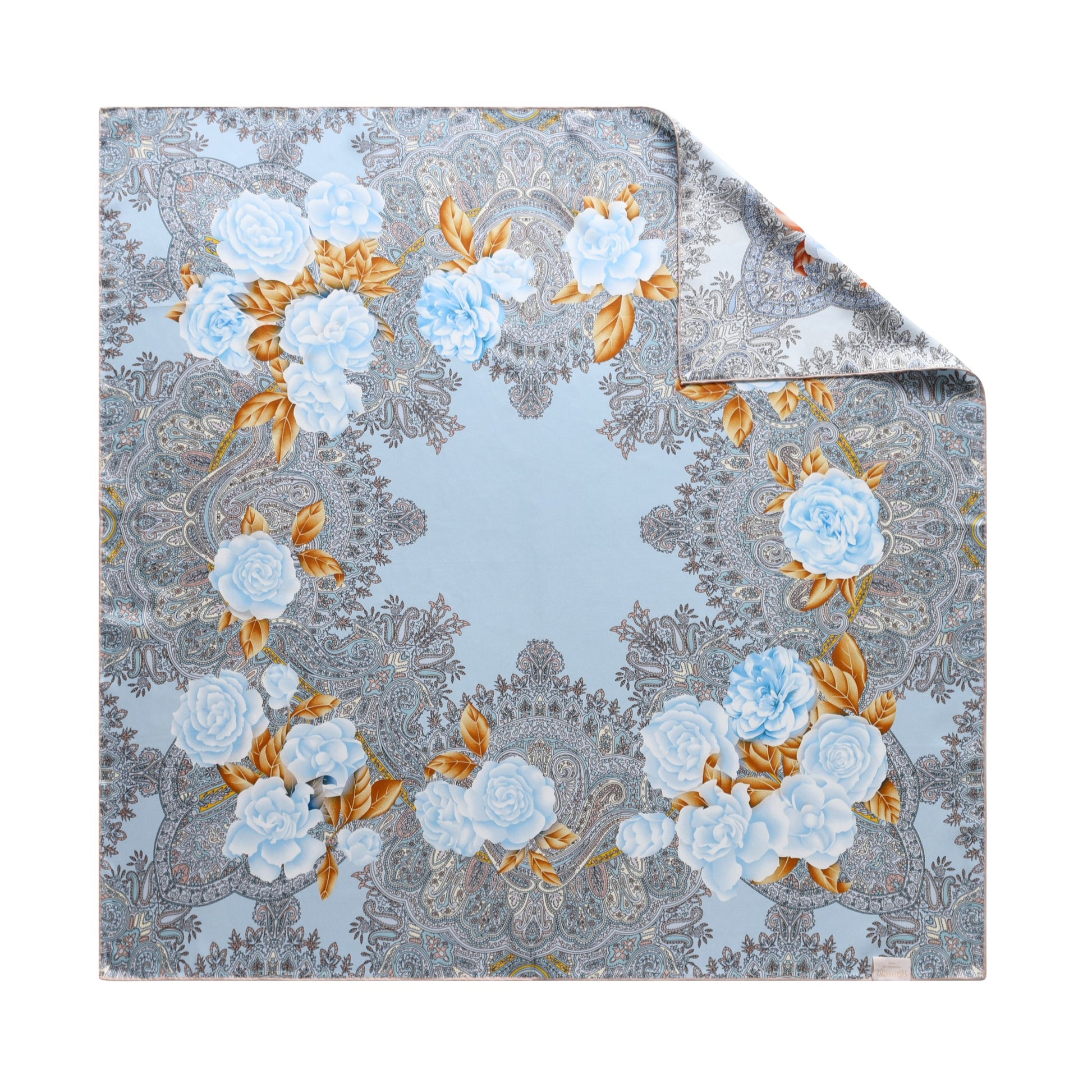 Paisley and Blue Roses - Double Sided Silk Scarf in Grey & Blue