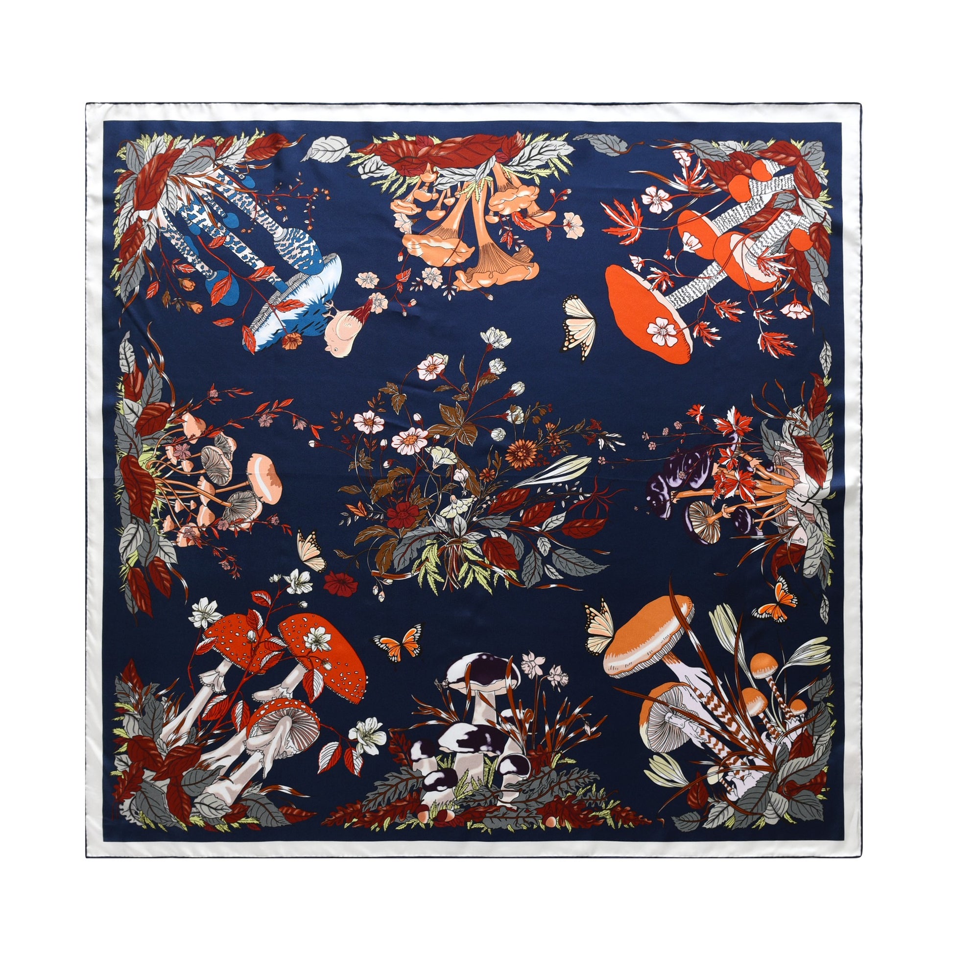 Garden Fungi - Double Sided Silk Scarf in Navy and Green