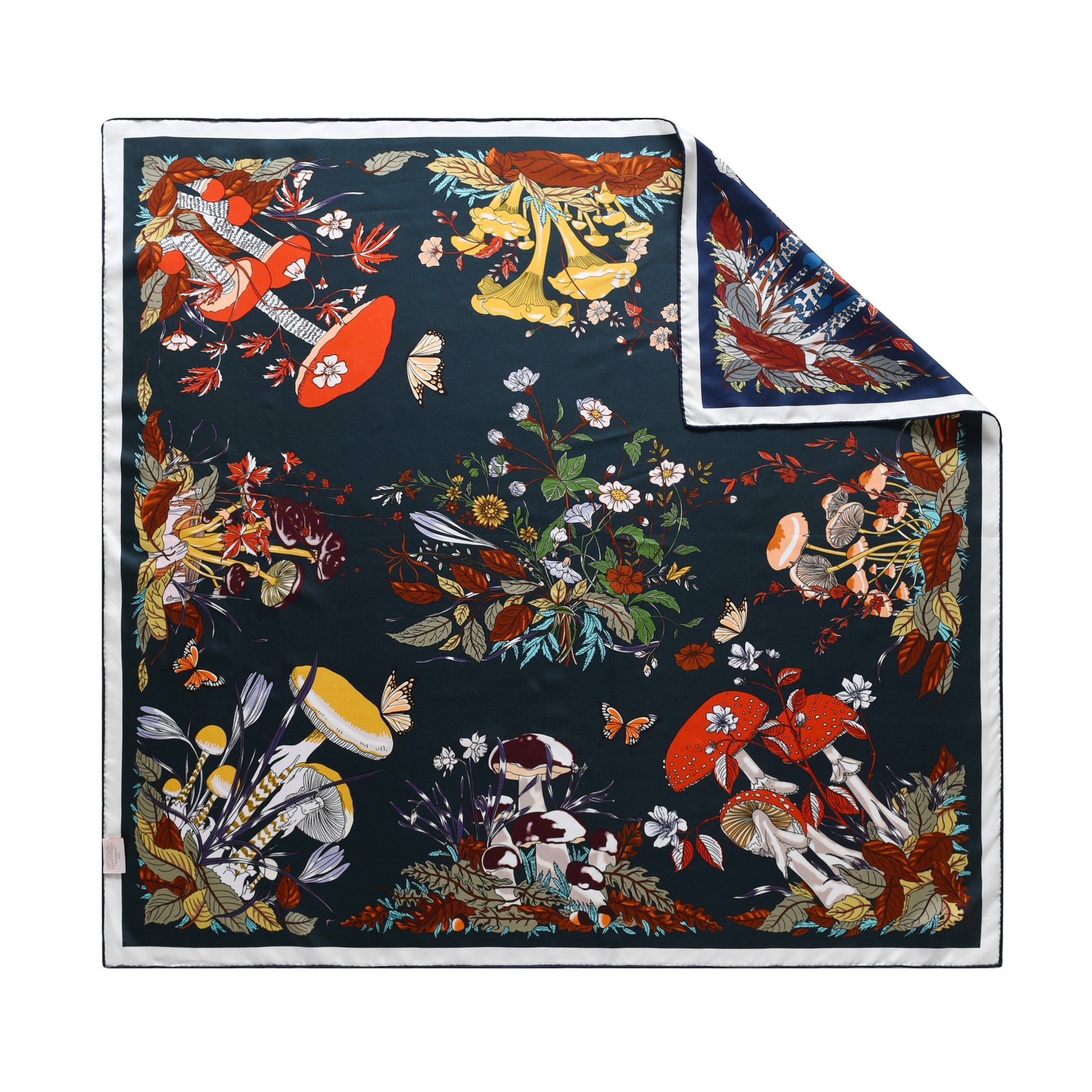 Garden Fungi - Double Sided Silk Scarf in Navy and Green